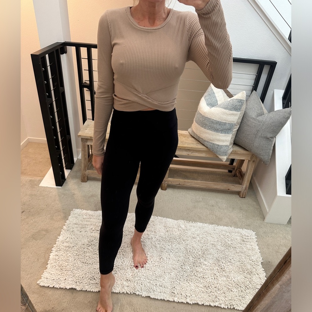 Wasabi + Mint Beige Ribbed Twist Front Crop Top Long Sleeve | Size M - Picture 4 of 14
